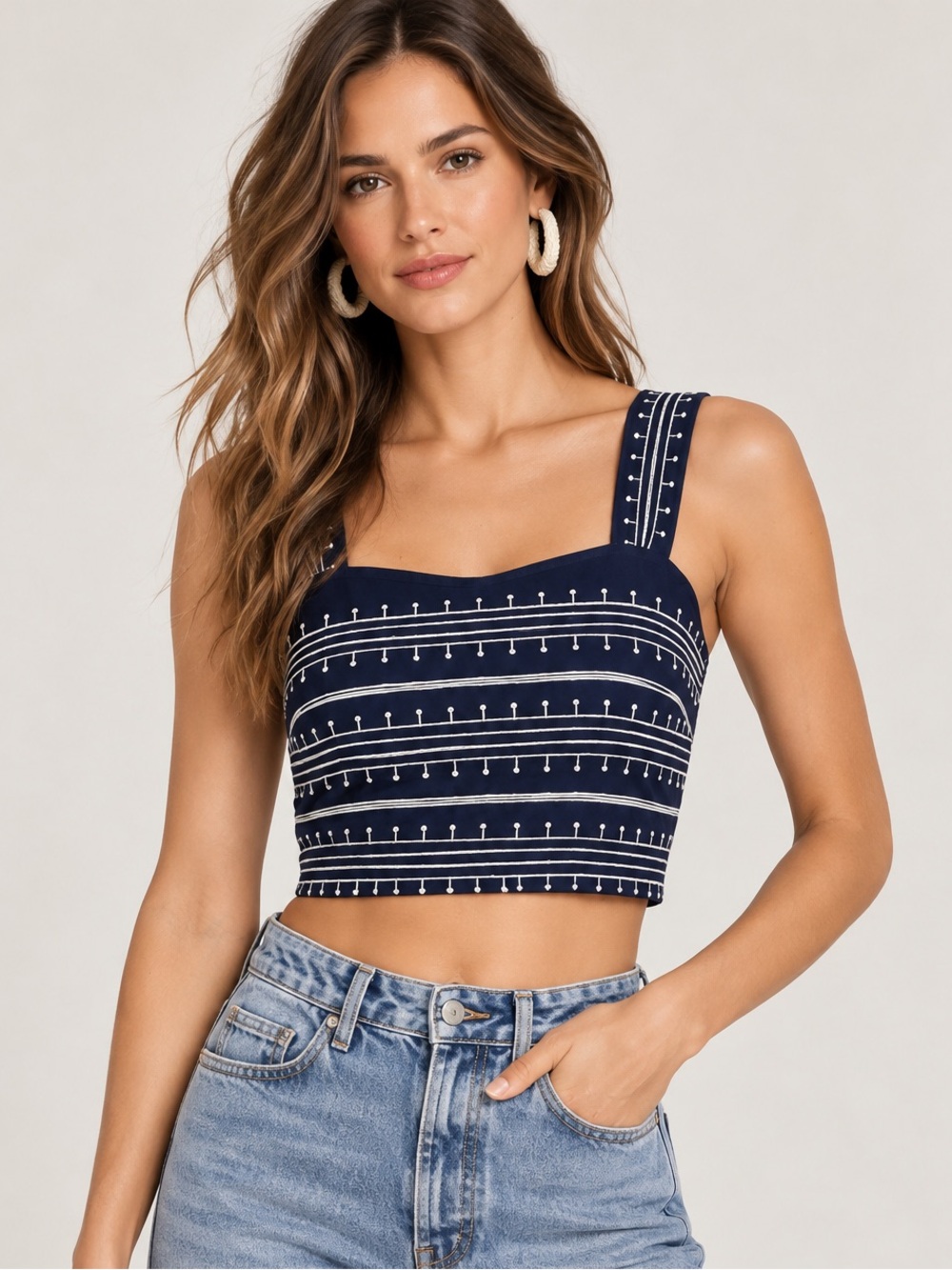 Avec Les Filles Embroidered Crop Top Navy White Size 4